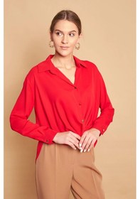 Resim Yakalı Önü Pileli Uzun Kol Likrasız Şık Kumaş Gömlek-kırmızı Kırmızı 