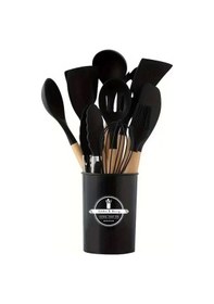 Resim 18'li Parça Silikon Çırpıcı Spatula Maşa Kepçe Kevgir Kaşık Fırça Servis Seti Bambu Saplı Mutfak Tak Siyah 