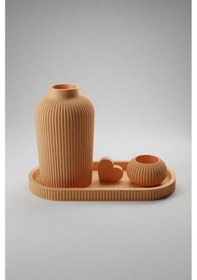 Resim Dekoratif Vazo Seti Tepsili Minimal Çizgili Vazo Mumluk Obje Modern Masaüstü Aksesuar 