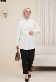 Resim Beli Bağlamalı Bolero Detaylı Taşlı Düğmeli Gömlek Beyaz 