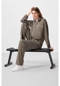 Resim Koyu Bej Yumuşak Dokulu Dik Yaka Oversize Lastikli Kadın Eşofman Takım - 95349 Koyu Bej 