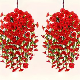 Resim 4'lü Paket Gerçekçi Kırmızı Yapay Asılı Petunyalar & Sahte Okaliptüs Çelengi - Bakım Gerektirmeyen Dayanıklı Plastik Çiçekler İç/Dış Mekan Düğün, Ev, Bahçe, Ofis Dekoru için - Sevgililer Günü, Anneler Günü, Şükran Günü, Mezuniyet, Babalar Günü için Mükemmel (Kap Gerekmez), Asılabilir Yapay Çiçekler, Mevsimlik Sergileme, Zarif Çiçek Ekranı, Doğal Görünümlü Yapraklar 