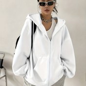Resim Kadın Açık Mavi Kapüşonlu Fermuarlı Sweatshirt - Günlük Uzun Kollu, Ön Cepli, Bol Kesim Sonbahar/Kışlık, Rahat ve Şık Dış Giyim, Sweatshirt Kapüşonlu 