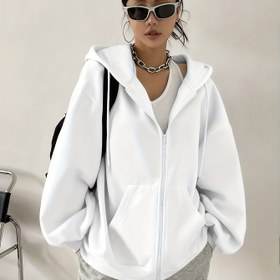 Resim Kadın Açık Mavi Kapüşonlu Fermuarlı Sweatshirt - Günlük Uzun Kollu, Ön Cepli, Bol Kesim Sonbahar/Kışlık, Rahat ve Şık Dış Giyim, Sweatshirt Kapüşonlu 