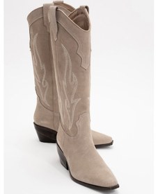 Resim Pietro Bej Hakiki Deri Süet Kadın Western Çizme Bej Süet 