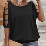 Resim Plus Beden Kadınlar için Şık Düz Renkli Siyah Uzun Kollu T-Shirt, Açık İşçilik Detayları - Nefes Alabilen Esnek Kumaş, Yuvarlak Yaka, Makinede Yıkanabilir İlkbahar/Yaz Günlük & Resmi Giyim, Bayanlar Tişörtleri, Her Gün Rahatlık Tee, Zarif Esneklik 