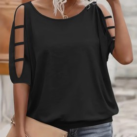 Resim Plus Beden Kadınlar için Şık Düz Renkli Siyah Uzun Kollu T-Shirt, Açık İşçilik Detayları - Nefes Alabilen Esnek Kumaş, Yuvarlak Yaka, Makinede Yıkanabilir İlkbahar/Yaz Günlük & Resmi Giyim, Bayanlar Tişörtleri, Her Gün Rahatlık Tee, Zarif Esneklik 