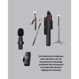 Resim Marsilyan Vlog ve Canlı Yayın Için Çift Yaka Mikrofonu ve Tripodlu Selfie Çubuğu Seti 