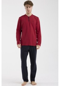 Resim Sementa Düğme Yakalı Rahat Kalıp Pijama Takım - Bordo Bordo 