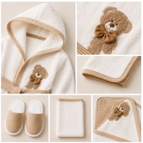 Resim Unisex Bebek Bornoz Seti %100 Pamuk Nakışlı Yenidoğan Banyo Havlu Seti 0-1 Yaş Kutulu Hediyelik 4 Parça 0 - 12 Ay 