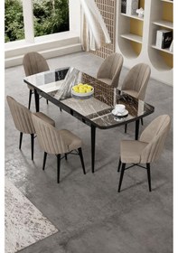 Resim Canisa Gale Serisi 80x132 Açılabilir Lak Panel Siyah Mermer Desen Mutfak Masa Takımı 6 Cappucino Sandalye Masa Siyah Mermer Desen Sandalye Cappucino 