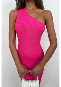 Resim Tek Omuz Yırtmaçlı Elbise Fuşya 