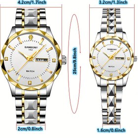Resim 2 adet Çift Set Moda Rahat Kuvars Saat BANBONY Marka Yeni Paslanmaz Çelik Kayış Yüksek Çözünürlüklü Rhinestone Yuvarlak Ekran Pembe Kadran Gümüş Kayış Haftalık Takvim Luminous Ekran Su Geçirmez Çok Fonksiyonlu Otomatik Hassas Zaman Tutma Elektronik Hareket Erkek ve Kadın Seti Aşk Hayatı Hediyesi İyi Ürün, En İyi Noel için, En İyi Şükran Günü için, En İyi Noel için, En İyi 