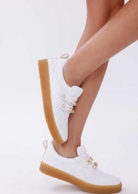 Resim RASEAL SHOES Kadın Sneaker Rahat Altın Renkli Zincir ve İnci Detaylı Cırtlı Spor Ayakkabı Beyaz 