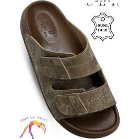 Resim Sermoda Erkek Terlik - Çift Toka Ayarlanabilir Esnek Taban Deri Erkek Terlik C Haki 
