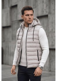 Resim Yelly Slim Fit Fermuarlı Cep Detaylı Erkek Şişme Yelek - Çıkarılabilir Kapüşonlu & Astarlı Gri 