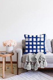 Resim RealHomes Koyu Yeşil Geometrik Kare Motifli Çift Taraflı Dekoratif Raşel Örme Yastık Kılıfı, Sonil-K-5236lacivert-55x55cm 
