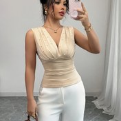 Resim Tek Renk İnci Şık ve Romantik Kadın Yeleği 