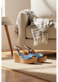 Resim Kadın Mantara Mavi Kot 10 Cm Dolgu Topuklu Mantar Taban Önü Arkası Acık Ayakkabı Mavi 