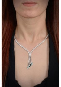 Resim Kadın Gümüş Set - Aura Yeşil Taşlı Su Yolu Set • Işıklı Kutuda • Düğün • Nişan • Gelin Seti 