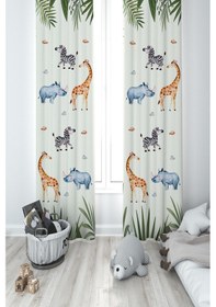 Resim Mekta Home Bebek Ve Çocuk Odası Safari Hayvanlar Yapraklar Desenli 2 Kanat Fon Perde 