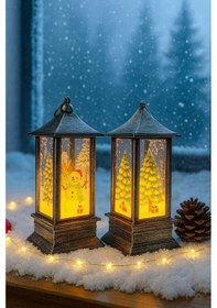Resim Yeni Yıl Noel Temalı 2 Li Set Işıklı Yılbaşı Feneri Kardan Adam Çam Ağacı Figürlü Fener Gri Set 14cm Renkli 