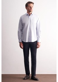 Resim İmza Mavi Yarım İtalyan Yaka Uzun Kol Premium Slim Fit %100 Pamuk Gömlek 1004255197 Mavi 