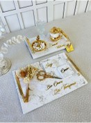 Resim Organizasyon Şahika Söz Nişan Tepsi Seti Beyaz Renk Gold Desenli Kare Model 