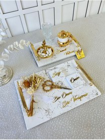 Resim Organizasyon Şahika Söz Nişan Tepsi Seti Beyaz Renk Gold Desenli Kare Model 