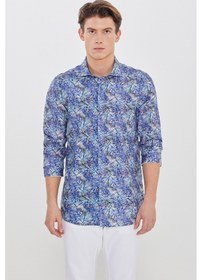 Resim Erkek Lacı-yesıl %100 Pamuk Slim Fit Dar Kesim Büyük İtalyan Yaka Baskılı Gömlek Lacı-yesıl 
