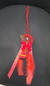 Resim El Yapımı Kırmızı Yeşil Düş Kapanı, 40cm Noel Yılbaşı Süsü, Tüylü Dekoratif Dreamcatcher, Düğün Kına Nikah Süslemesi 1 Adet 
