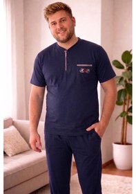 Resim Alimer Erkek Büyük Beden 3 Düğmeli Pamuklu Likra Kısa Kol Cepli Pijama Takımı Lacivert 