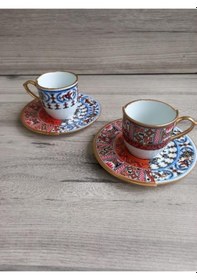 Resim Konyax Nora 2 Kişilik Çift Desenli Kahve Fincanı Seti Çok Renkli 