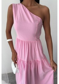 Resim Kadın Pembe Tek Omuz Wual Maxi Elbise Pembe 