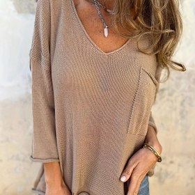Resim Kadınlar için Cep Detaylı Şık V Yaka Triko Kazak - Polyester, İlkbahar/Güz Koleksiyonu, Yarım Kol, Düz Renk, Hafif Esnek, Triko Kumaş 