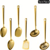 Resim 2 adet/6 adet Paslanmaz Çelik Mutfak Gereç Seti - Bölünmüş Servis Kaşığı, Bölünmüş Delikli Kaşık, Düz Spatula, Kızartma Delikli Spatula, Çorba Kepçesi ve Süzgeç İçerir - Ev Yemekleri, Tatil Partileri ve Restoran Kullanımı İçin Mükemmel (Altın/Siyah/Gümüş) 