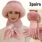 Resim 3 adet Kadın Kış Sıcak Aksesuar Seti, Kalın Polar Eldiven, Peluş Eşarp ve Şapka Dahil, Rahat Yumuşak Sıcaklık, Yumuşak Eşarp 
