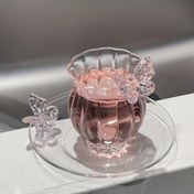 Resim 2 adet Yüksek Borosilikat Isıya Dayanıklı Şeffaf Dikey Çizgili Cam Papyon Tepsili Meyve Çayı Kahve Tek Katmanlı İçecek Bardağı Büyük Kapasiteli 150ml Yuvarlak Ağızlı Çay Fincanı 