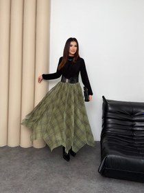 Resim Kadın Yeşil Ekose Desenli Yüksek Bel Lastikli Şifon Asimetrik Uçlu Uzun Etek 52861 - Yeşil / L-XL 
