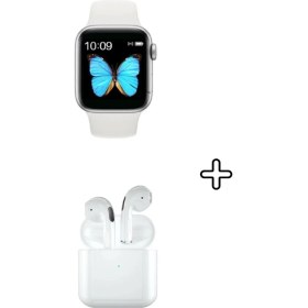 Resim Uyumlu Watch 6 Serisi Akıllı Saat ve Beyaz Bluetooth Kulaklık Seti 