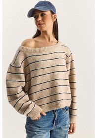 Resim Shade Kadın Bardot Yaka Çizgili Oversize Triko Kazak 2570 60283876 - Bej-lacivert Çok renkli 