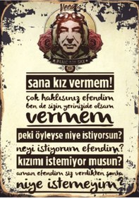 Resim Yeşilçam Replikli Retro Ahşap Tablo Sana Kız Vermem Komik Diyalog Tasarımı 