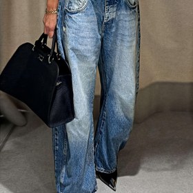 Resim Kadın Vintage Yıkanmış Yıpranmış Denim - Kemerli Olmayan Bol Kesim Düz Paça Kot Pantolon, Kadınlar için Tüm Sezon Günlük ve Resmi Pantolon, Günlükten Resmiyete Kıyafetler 