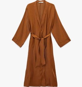 Resim Koton Uzun Geniş Kollu Kuşak Detaylı Uzun Saten Kimono Kahverengi 6sak50115uw Kahve 