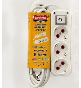 Resim Amiral 3' Lü Topraklı Anahtarlı 5 Metre Kablolu Grup Priz Diğer 