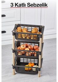 Resim 3 Katlı Plastik Sebzelik Patates Soğanlık Mutfak Düzenleyici Saklama Rafı, Sebze Meyve Organizer Kahverengi 