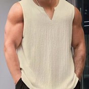 Resim Erkekler için yazlık rahat bol kesim kolsuz tank top - Düz Renk Siyah, Yırtmaçlı Yaka, Hafif Polyester Kumaş, Dış Mekan Aktiviteleri İçin Mükemmel 