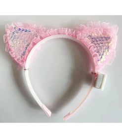 Resim Kenarları Dantelli Pembe Pullu Payetli LED Işıklı Kedi Kulak Taç 17X19 cm 