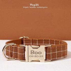 Resim Dog Collar Named Brown Grid Collar 276676 - Leash + Bow Tie + Leash Rope / XL 