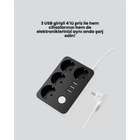 Resim Midas Toptan Home 3 USB Çıkışlı 4’lü Akıllı Priz 2500W 2 Metre Kablo 